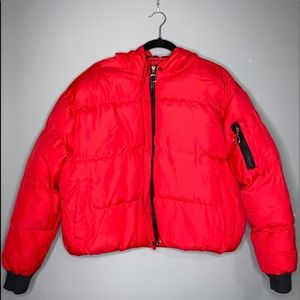 Red puffer jacket with O ring zipper